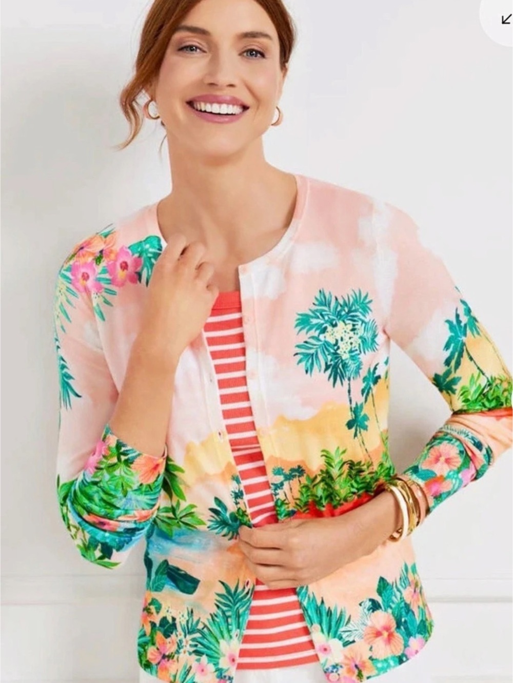 Talbots Sunset Horizon Charming Cardigan Tropical Landscape Palm Button Front PL